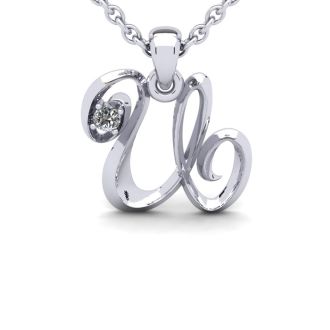 Letter U Diamond Initial Necklace In 14 Karat White Gold With Free Chain