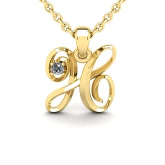 Letter H Diamond Initial Necklace In 14 Karat Yellow Gold With Free Chain