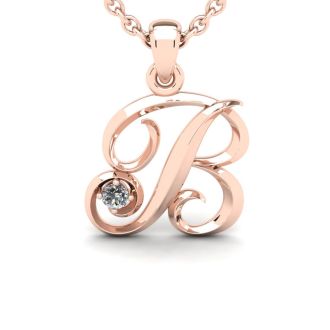 Letter B Diamond Initial Necklace In 14 Karat Rose Gold With Free Chain
