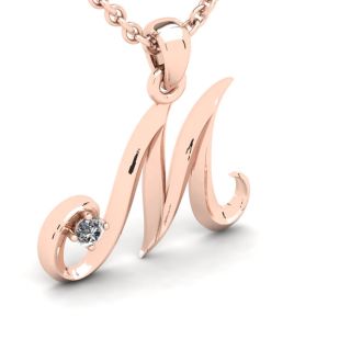Letter M Diamond Initial Necklace In 14 Karat Rose Gold With Free Chain