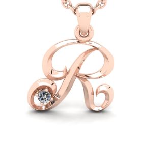 Letter R Diamond Initial Necklace In 14 Karat Rose Gold With Free Chain