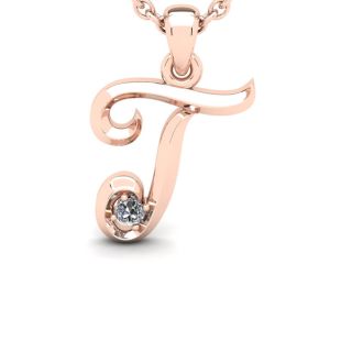 Letter T Diamond Initial Necklace In 14 Karat Rose Gold With Free Chain