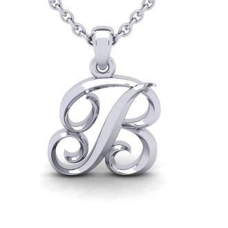 Letter B Swirly Initial Necklace In Sterling Silver With Free 18 Inch Cable Chain