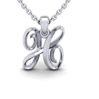 Letter H Swirly Initial Necklace In Heavy White Gold With Free 18 Inch Cable Chain