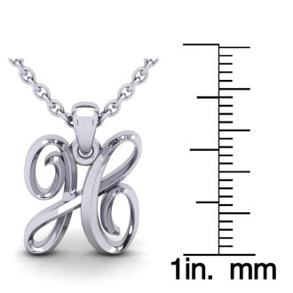 Letter H Swirly Initial Necklace In Heavy White Gold With Free 18 Inch Cable Chain