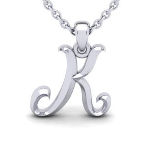 Letter K Swirly Initial Necklace In Heavy White Gold With Free 18 Inch Cable Chain