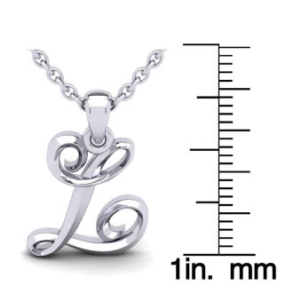 Letter L Swirly Initial Necklace In Heavy White Gold With Free 18 Inch Cable Chain