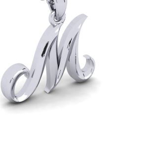 Letter M Swirly Initial Necklace In Heavy White Gold With Free 18 Inch Cable Chain