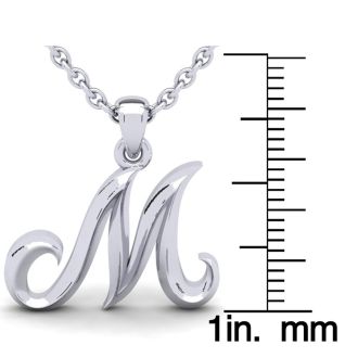 Letter M Swirly Initial Necklace In Heavy White Gold With Free 18 Inch Cable Chain