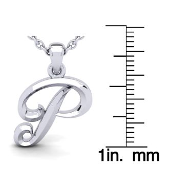 Letter P Swirly Initial Necklace In Sterling Silver With Free 18 Inch Cable Chain