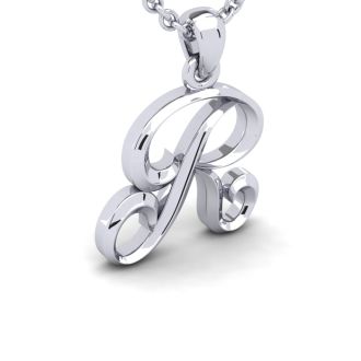 Letter R Swirly Initial Necklace In Heavy White Gold With Free 18 Inch Cable Chain