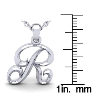 Letter R Swirly Initial Necklace In Heavy White Gold With Free 18 Inch Cable Chain