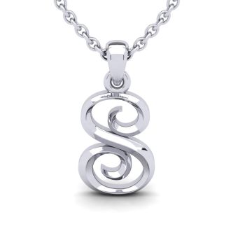 Letter S Swirly Initial Necklace In Sterling Silver With Free 18 Inch Cable Chain