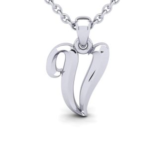 Letter V Swirly Initial Necklace In Heavy White Gold With Free 18 Inch Cable Chain