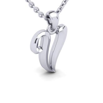 Letter V Swirly Initial Necklace In Heavy White Gold With Free 18 Inch Cable Chain