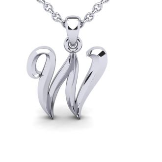 Letter W Swirly Initial Necklace In Heavy White Gold With Free 18 Inch Cable Chain