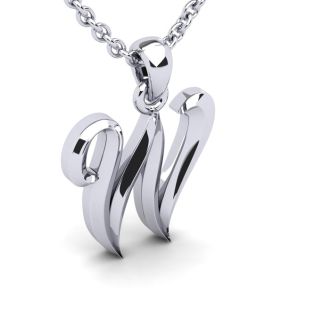 Letter W Swirly Initial Necklace In Heavy White Gold With Free 18 Inch Cable Chain