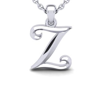 Letter Z Swirly Initial Necklace In Heavy White Gold With Free 18 Inch Cable Chain