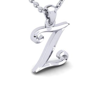 Letter Z Swirly Initial Necklace In Sterling Silver With Free 18 Inch Cable Chain