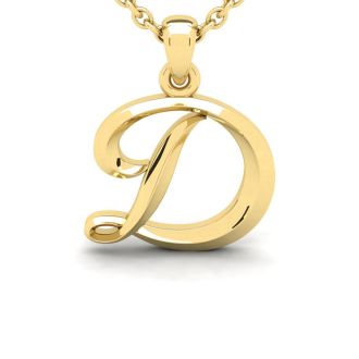 Letter D Swirly Initial Necklace In Heavy Yellow Gold With Free 18 Inch Cable Chain