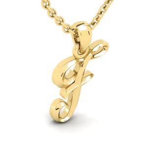Letter F Swirly Initial Necklace In Heavy Yellow Gold With Free 18 Inch Cable Chain