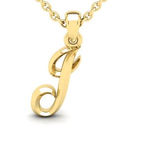 Letter J Swirly Initial Necklace In Heavy Yellow Gold With Free 18 Inch Cable Chain