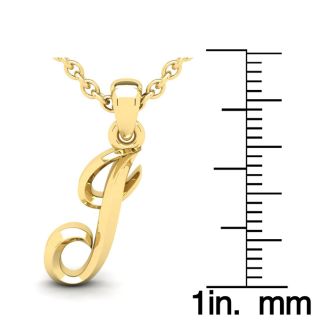 Letter J Swirly Initial Necklace In Heavy Yellow Gold With Free 18 Inch Cable Chain