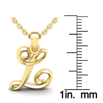 Letter L Swirly Initial Necklace In Heavy Yellow Gold With Free 18 Inch Cable Chain