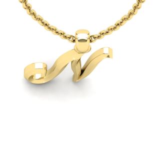 Letter N Swirly Initial Necklace In Heavy Yellow Gold With Free 18 Inch Cable Chain