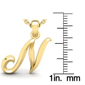 Letter N Swirly Initial Necklace In Heavy Yellow Gold With Free 18 Inch Cable Chain