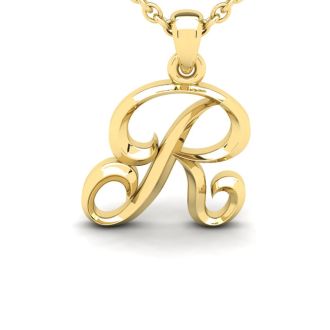 Letter R Swirly Initial Necklace In Heavy Yellow Gold With Free 18 Inch Cable Chain