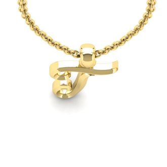 Letter T Swirly Initial Necklace In Heavy Yellow Gold With Free 18 Inch Cable Chain