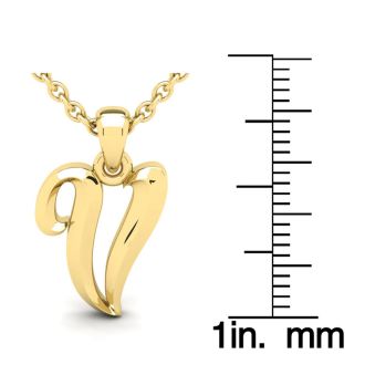 Letter V Swirly Initial Necklace In Heavy Yellow Gold With Free 18 Inch Cable Chain