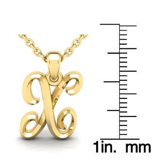 Letter X Swirly Initial Necklace In Heavy Yellow Gold With Free 18 Inch Cable Chain
