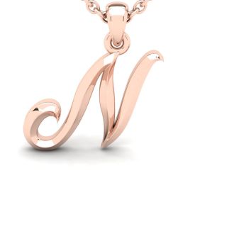 Letter N Swirly Initial Necklace In Heavy Rose Gold With Free 18 Inch Cable Chain