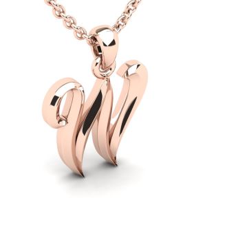 Letter W Swirly Initial Necklace In Heavy Rose Gold With Free 18 Inch Cable Chain