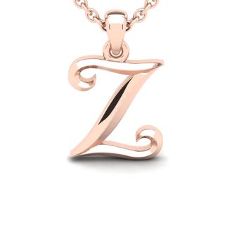 Letter Z Swirly Initial Necklace In Heavy Rose Gold With Free 18 Inch Cable Chain