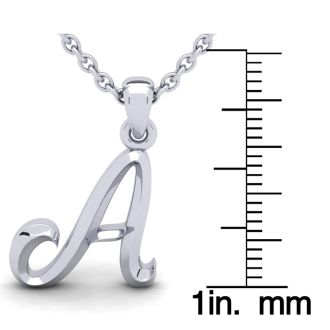 Letter A Swirly Initial Necklace In Heavy 14K White Gold With Free 18 Inch Cable Chain