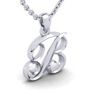 Letter B Swirly Initial Necklace In Heavy 14K White Gold With Free 18 Inch Cable Chain