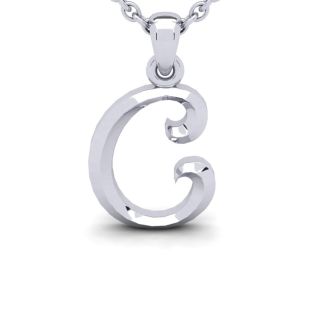 Letter C Swirly Initial Necklace In Heavy 14K White Gold With Free 18 Inch Cable Chain