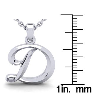 Letter D Swirly Initial Necklace In Heavy 14K White Gold With Free 18 Inch Cable Chain