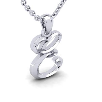 Letter E Swirly Initial Necklace In Heavy 14K White Gold With Free 18 Inch Cable Chain
