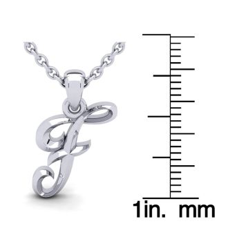 Letter F Swirly Initial Necklace In Heavy 14K White Gold With Free 18 Inch Cable Chain