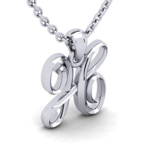Letter H Swirly Initial Necklace In Heavy 14K White Gold With Free 18 Inch Cable Chain