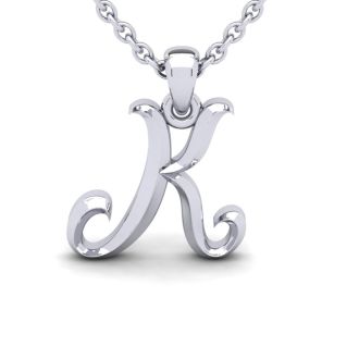Letter K Swirly Initial Necklace In Heavy 14K White Gold With Free 18 Inch Cable Chain