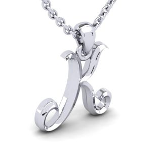 Letter K Swirly Initial Necklace In Heavy 14K White Gold With Free 18 Inch Cable Chain