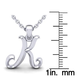 Letter K Swirly Initial Necklace In Heavy 14K White Gold With Free 18 Inch Cable Chain