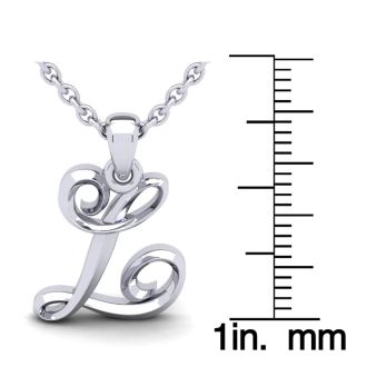 Letter L Swirly Initial Necklace In Heavy 14K White Gold With Free 18 Inch Cable Chain