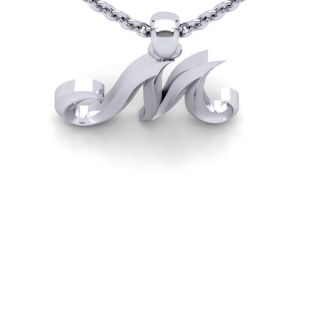 Letter M Swirly Initial Necklace In Heavy 14K White Gold With Free 18 Inch Cable Chain