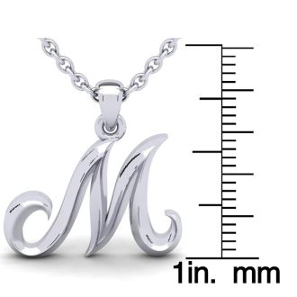 Letter M Swirly Initial Necklace In Heavy 14K White Gold With Free 18 Inch Cable Chain